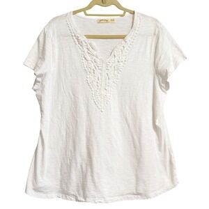 Faded Glory Womens XXL 20 White Crochet Lace Bib V-Neck Cotton Slub T-Shirt Top